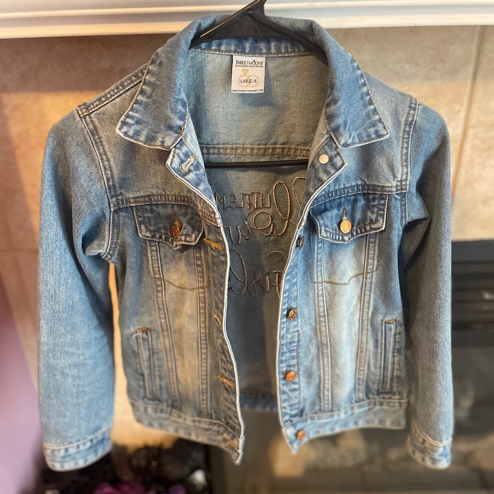 Denim, embroidered Flower girl jacket.